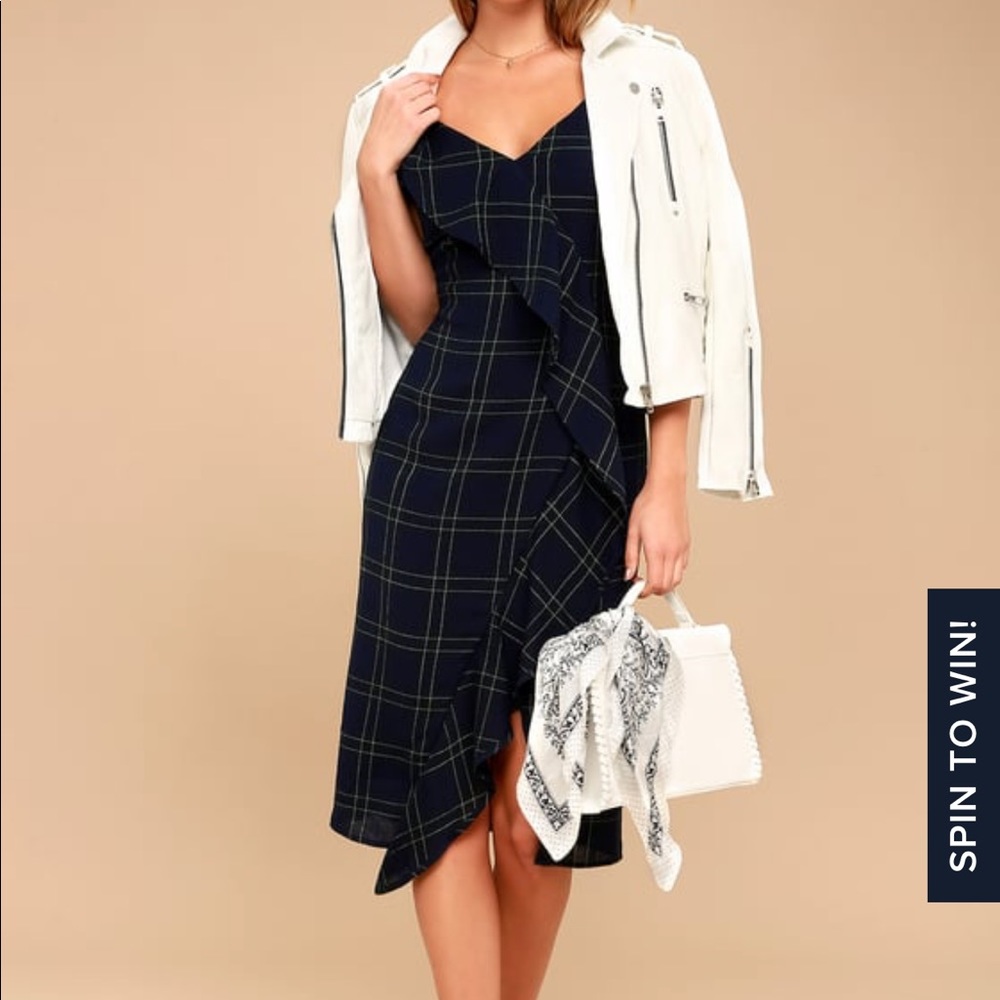 Lulus NWT Cute Navy Plaid Midi Dress XS!